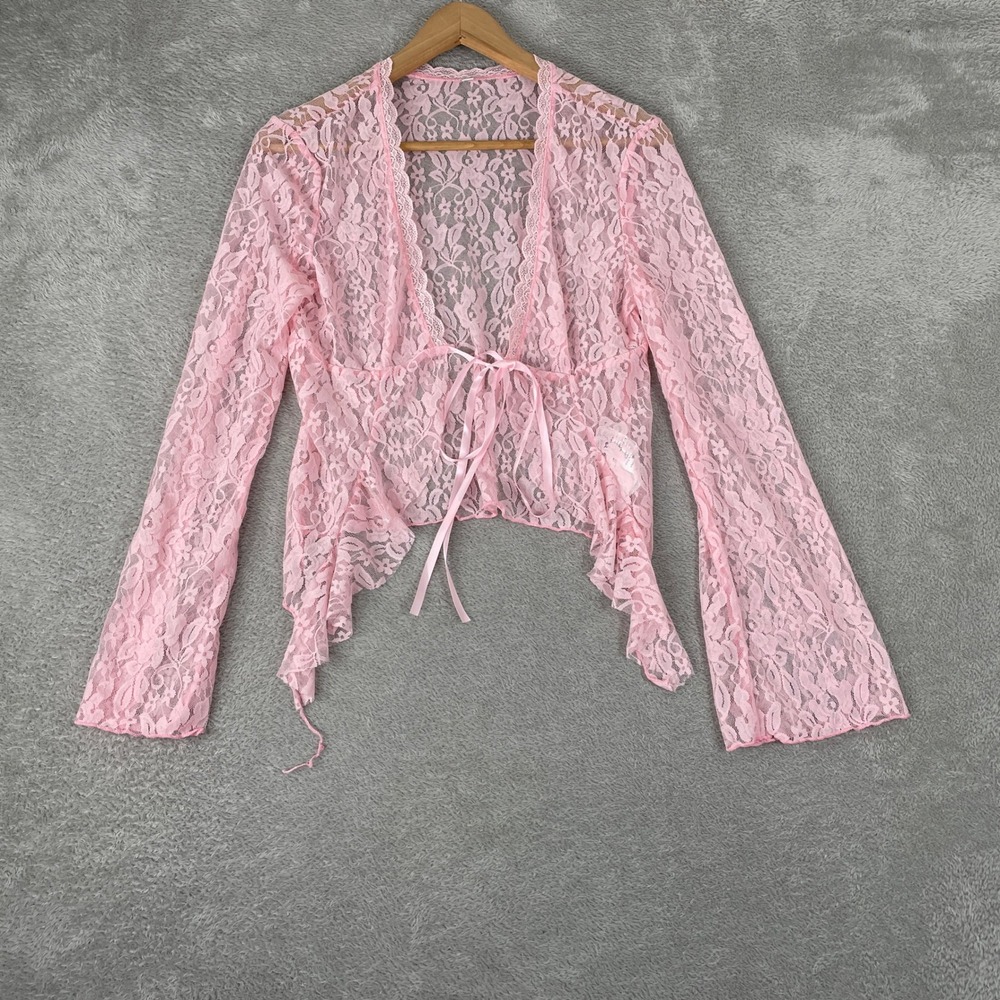 Y2K Romantic Shrug Womens Large Pink Sheer Floral Lace Tie Front Bolero Cardigan